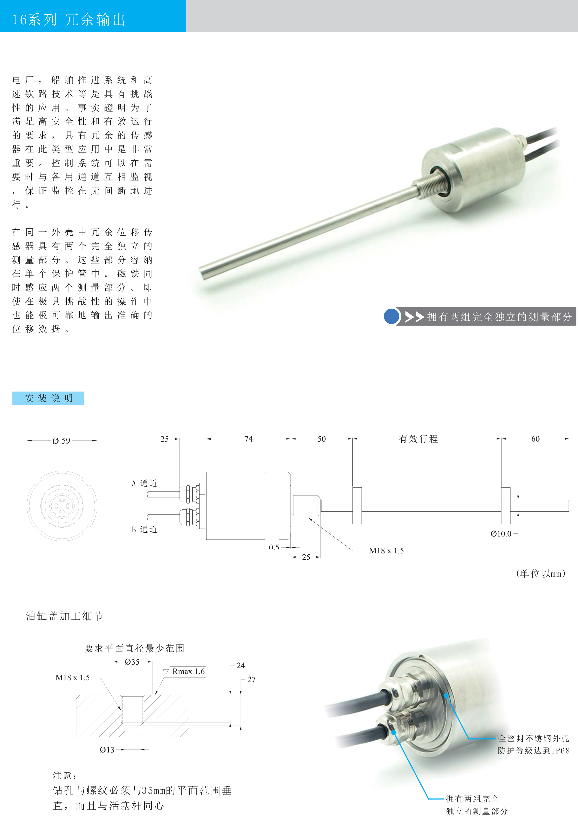 16R系列冗余設(shè)計磁致伸縮位移傳感器